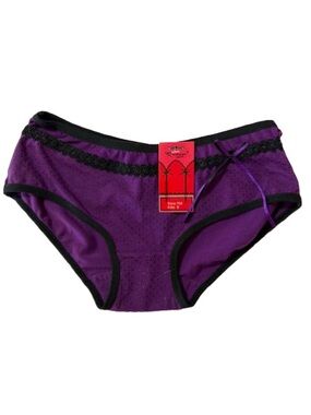 Queen Women Purple Bikini Briefs Black Lace Trim Accent Bow Size S NWT